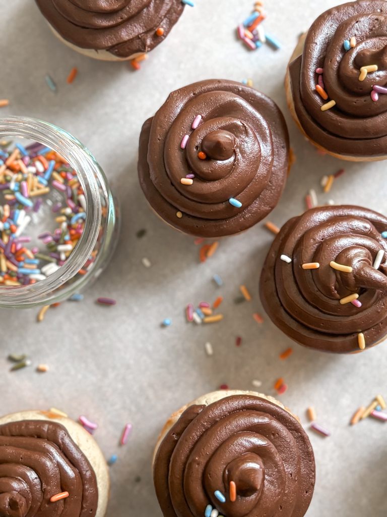 sourdough cupcakes with chocolate frosting and sprinkles