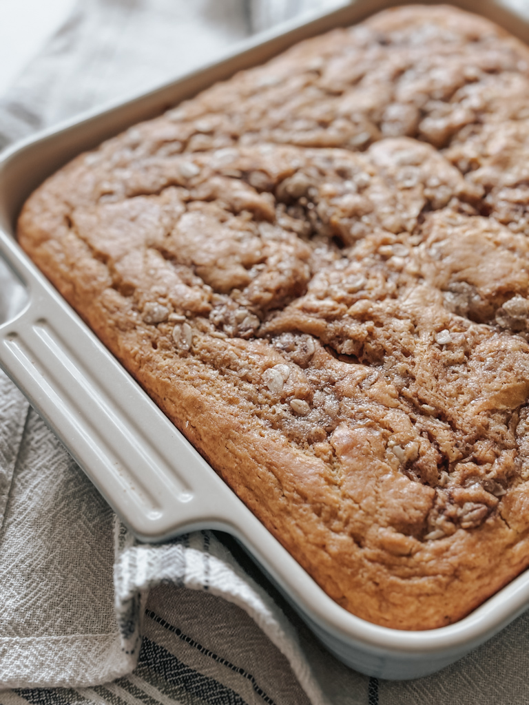 dish with pumpkin coffee cake with pancake mix