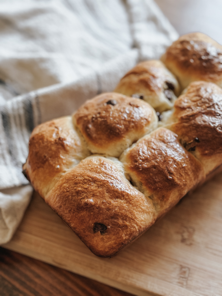 chocolate chip brioche bread on a cutting board 