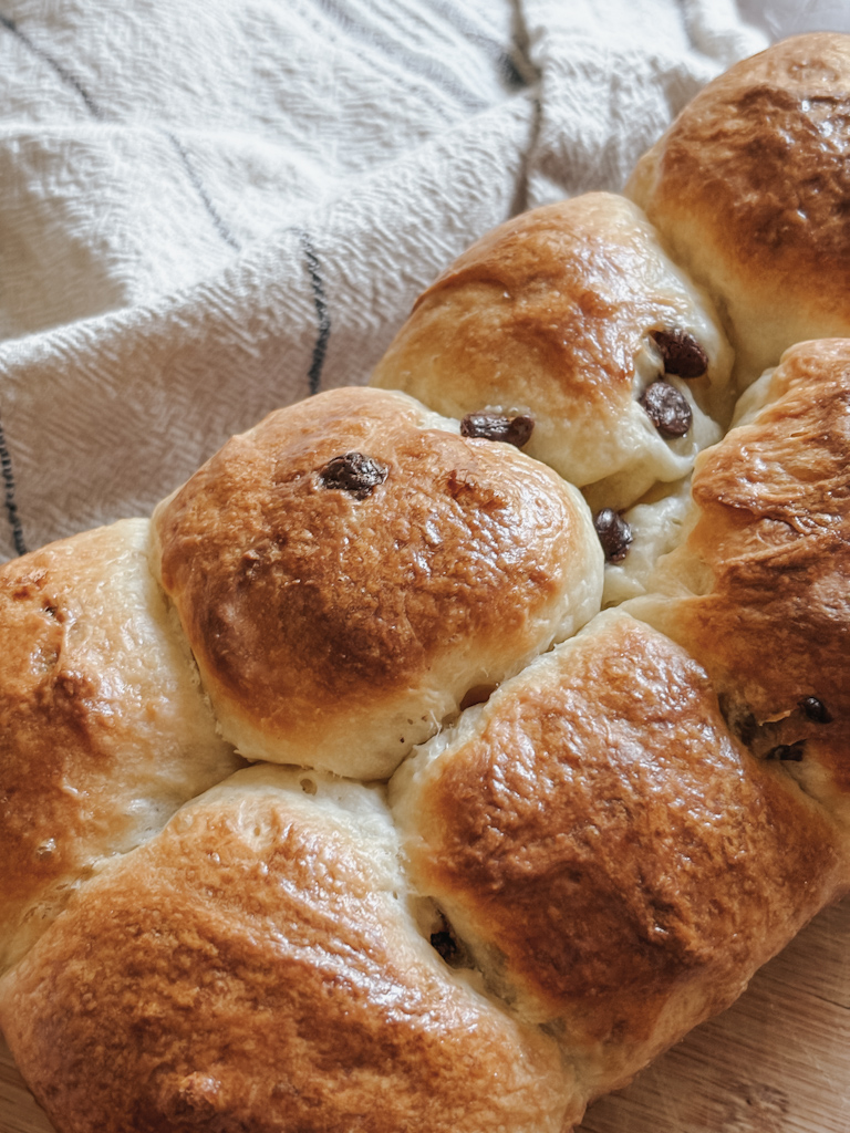 chocolate chip brioche bread on a cutting board