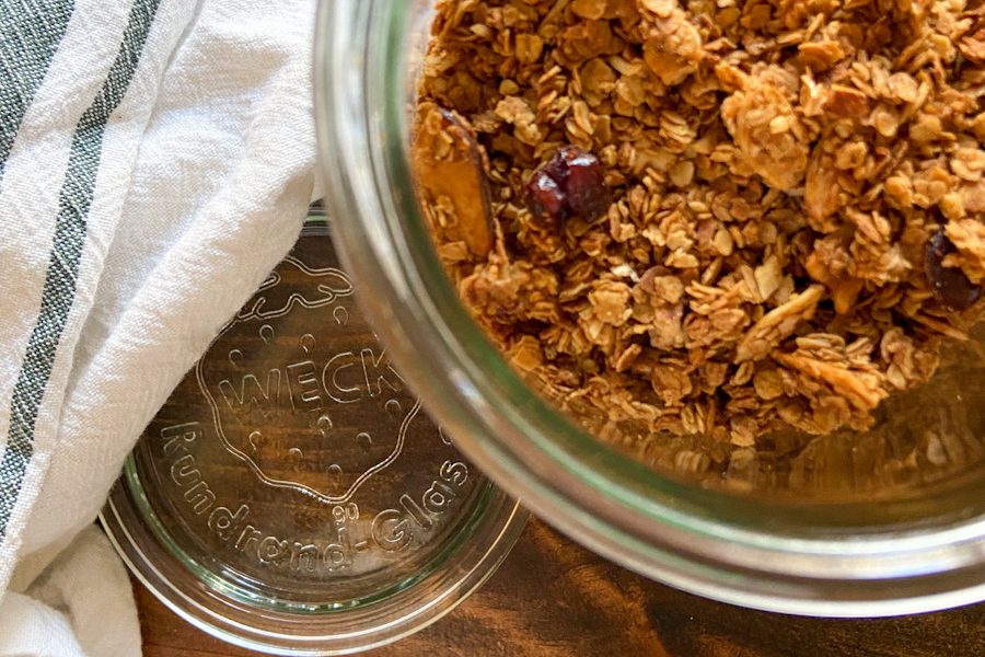 jar of granola open from the top looking in