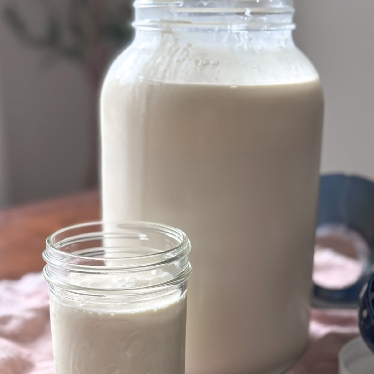 glass jar of raw milk beside a glass of raw milk