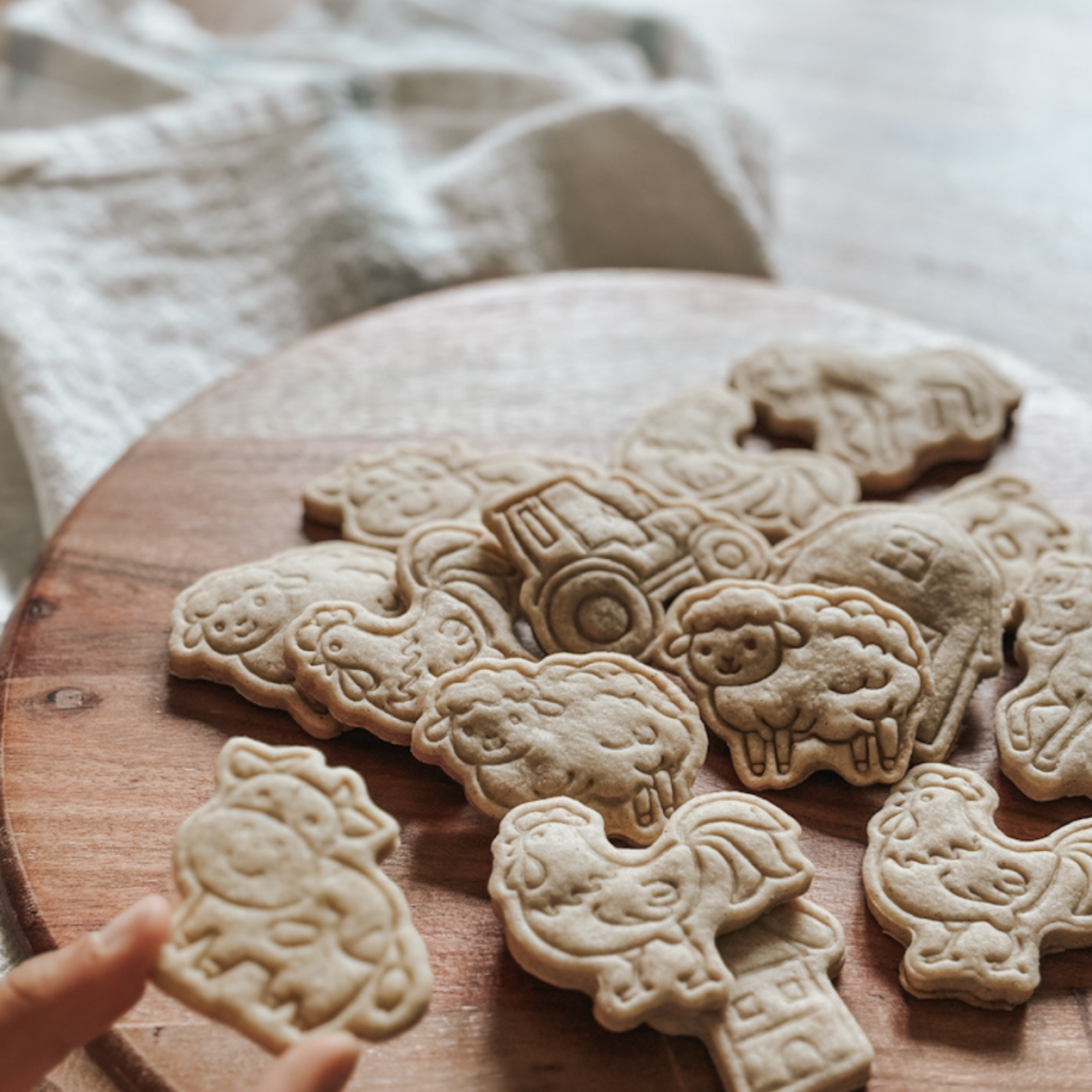 farm animal shaped cookies on a table