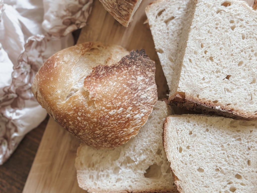 Slices of sourdough brad on a cutting board