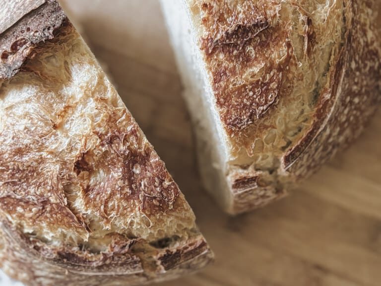 Sourdough bread cut in half