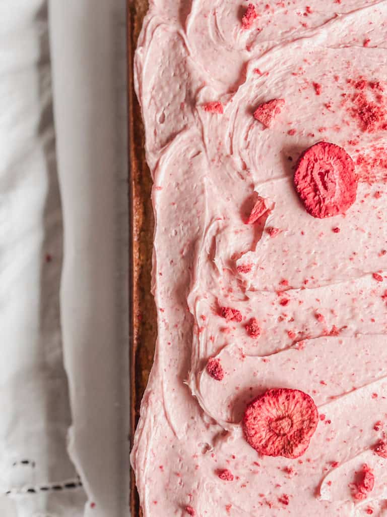 top view of strawberry sheetcake with dried strawberry topping