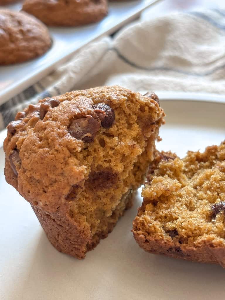 close up of sourdough pumpkin chocolate chip muffins cut in half