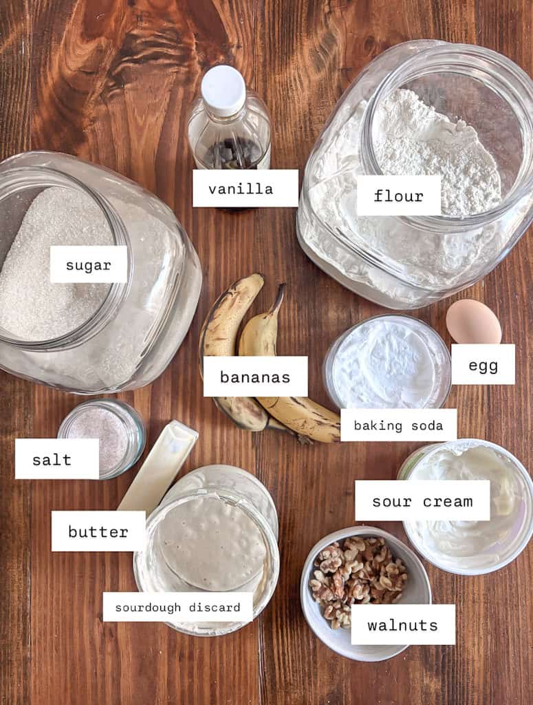 above photo of sourdough banana muffin ingredients on a table