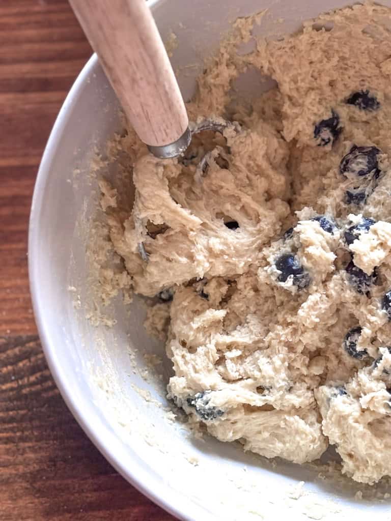 close up of a bowl of sourdough blueberry muffin batter