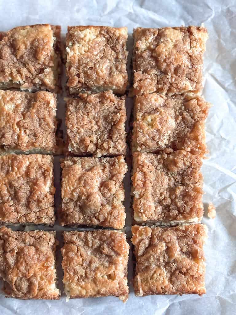 sourdough coffee cake sliced in squares