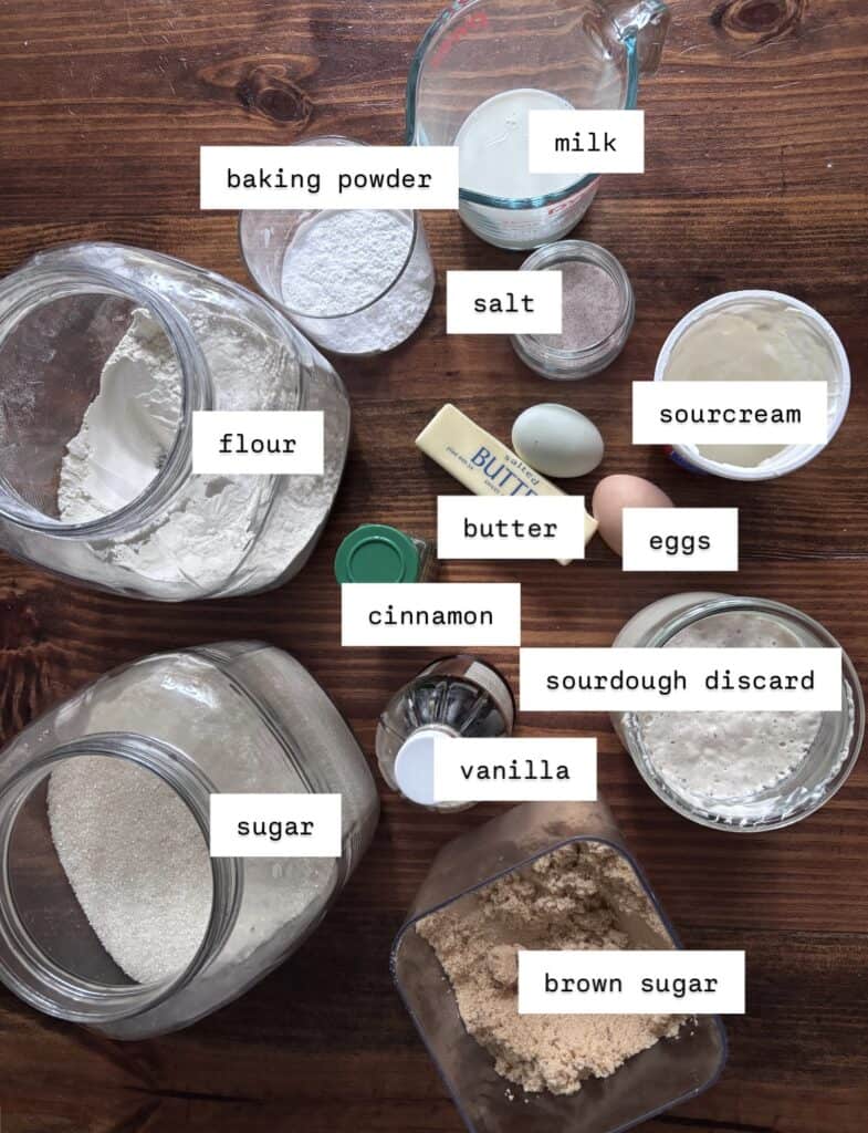 labeled ingredients for sourdough discard coffee cake