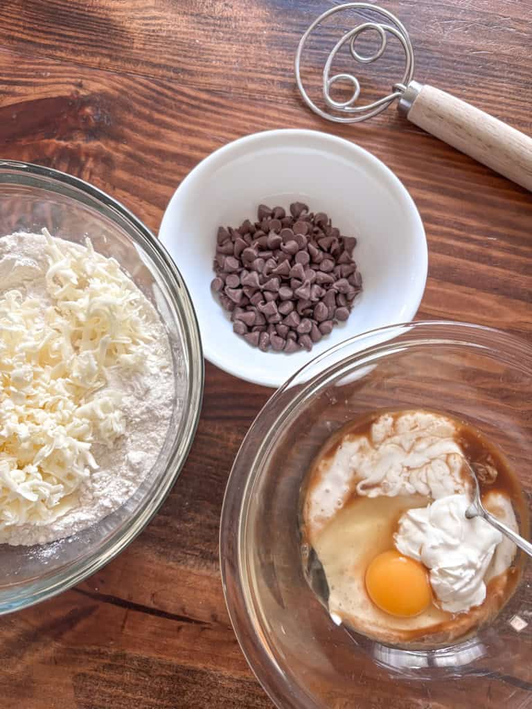 bowls of ingredients for making sourdough discard scones