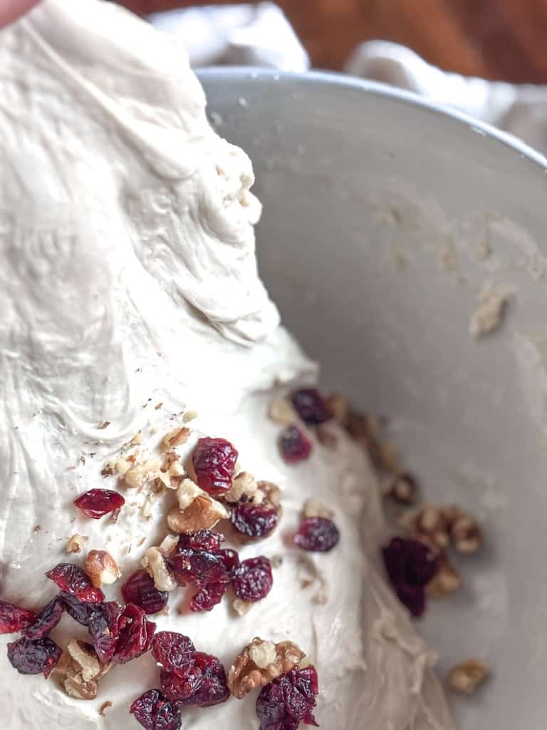 cranberries and walnuts added to bread dough