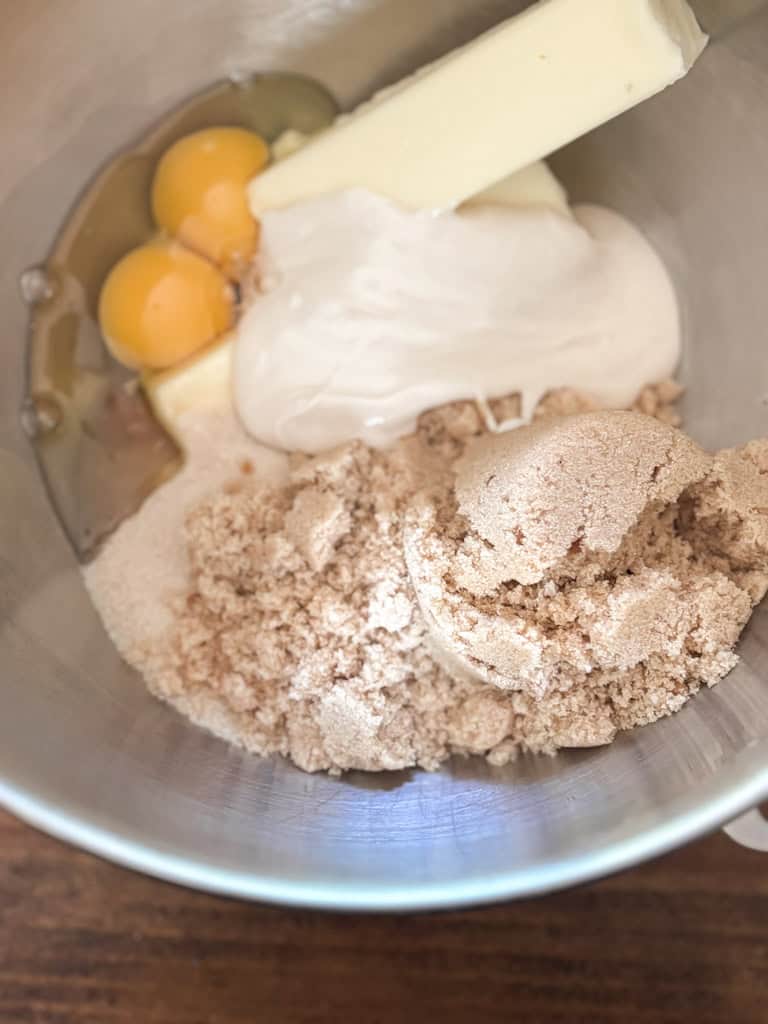 close up of cookie dough ingredients in a bowl