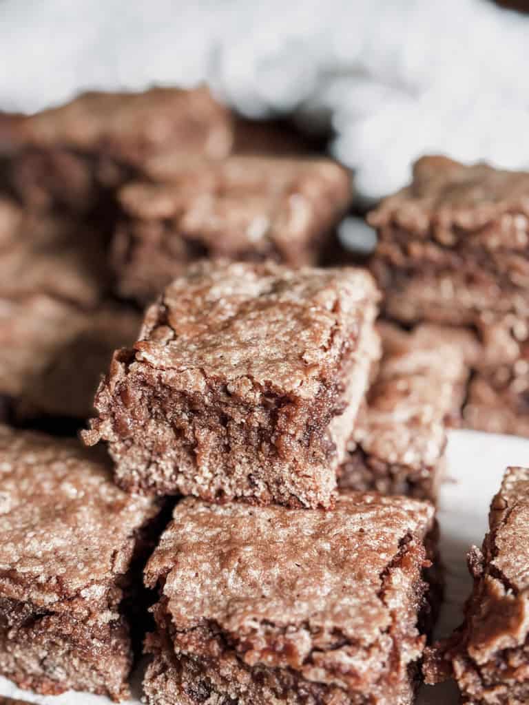 close up of sourdough brownies cut into squares