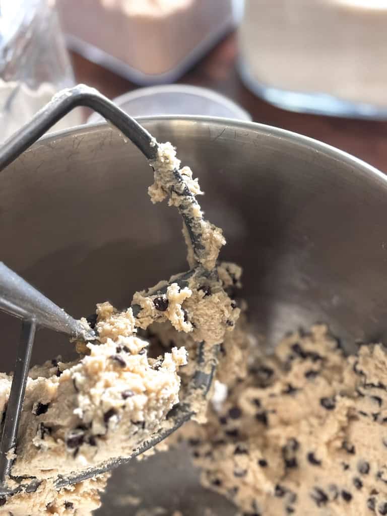 close up of cookie dough in a bowl