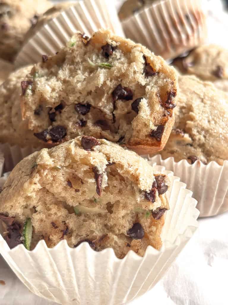 close up of the inside of a zucchini chocolate chip muffin
