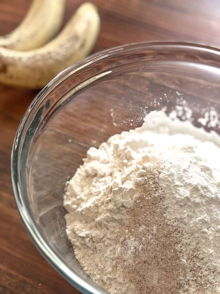 bowl with dry ingredients for sourdough banana pancakes