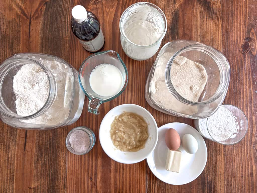 top view of the ingredients needed for sourdough banana pancakes